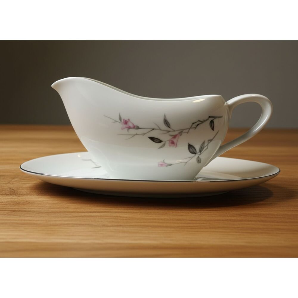 Cherry Blossom Fine China Gravy Boat w/ Underplate 1067 Japan Vintage Set